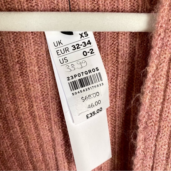 Topshop Women Open Front Cardigan Sz XS Dusty Pink Ribbed Pockets Drop Shoulder - Picture 13 of 13